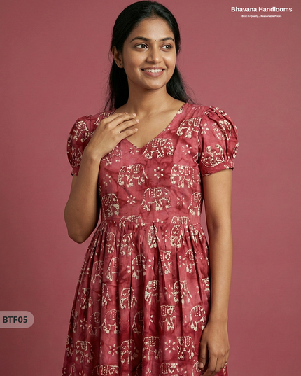 Handmade Batik Frock with Natural Dye – Potli Ball Neck Design Pink Colour