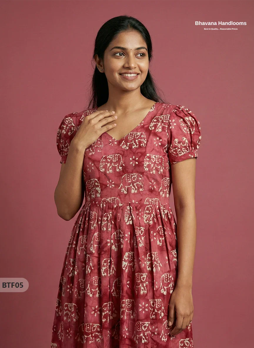 Handmade Batik Frock with Natural Dye – Potli Ball Neck Design Pink Colour