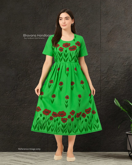 Green Floral Cotton Frock for Women – Printed Ethnic Dress | Bhavana Handlooms
