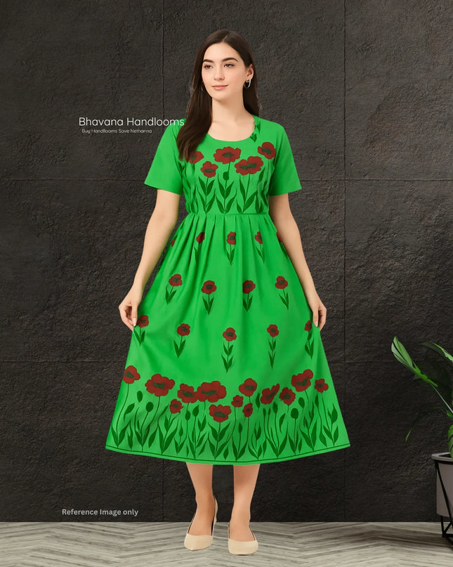 Green Floral Cotton Frock for Women – Printed Ethnic Dress | Bhavana Handlooms