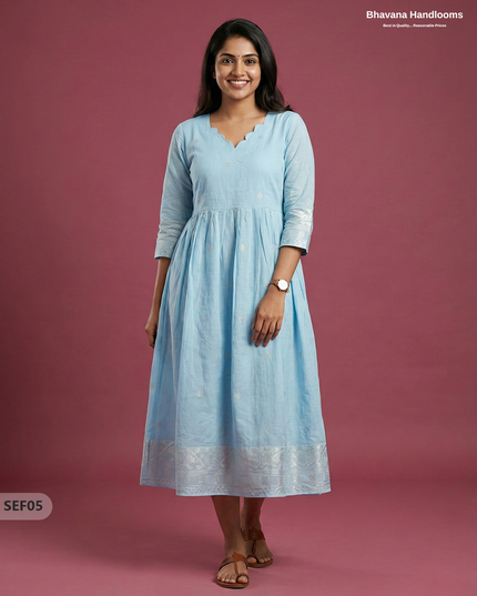 Premium Soft Semi Pattu Frock in Pastel Sky Blue | Full Length Lining