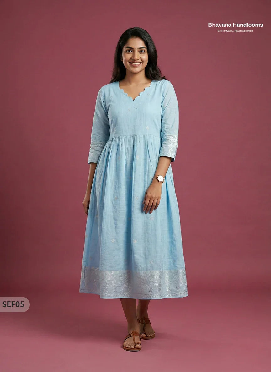 Premium Soft Semi Pattu Frock in Pastel Sky Blue | Full Length Lining