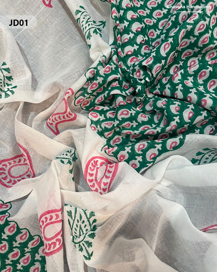 Jaipur Handblock Cotton Dress Material – White & Elf Green