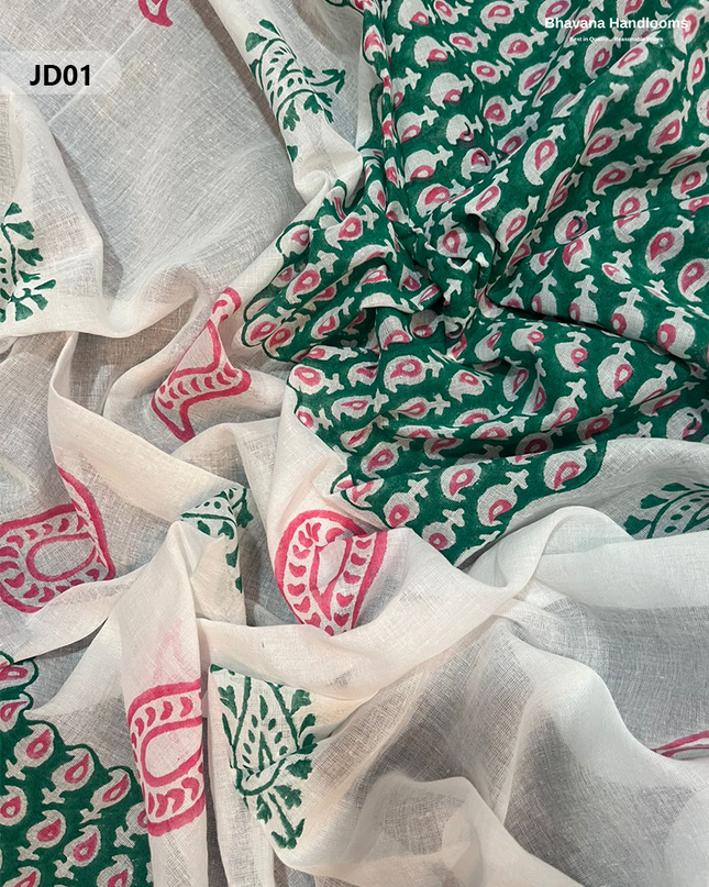 Jaipur Handblock Cotton Dress Material – White & Elf Green