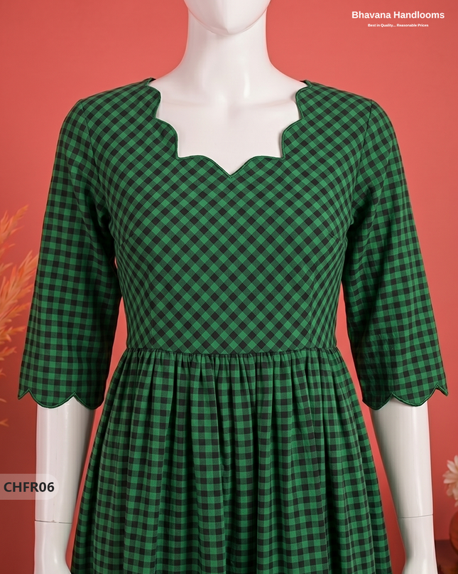 Handloom Cotton Frock in Leaf Green & Black Checks with Stylish Neck Cut Work | Soft & Comfortable