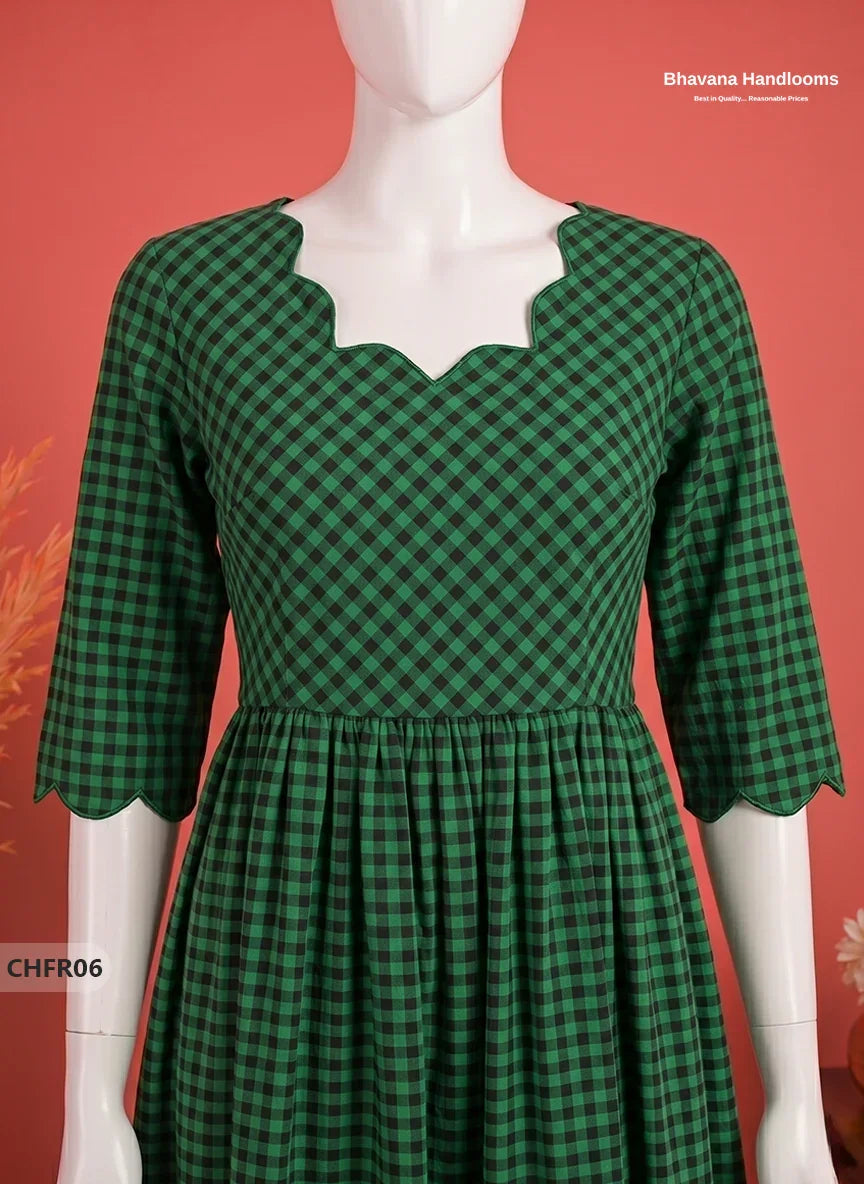 Mangalagiri Cotton Frock in Leaf Green & Black Checks with Stylish Neck Cut Work | Soft & Comfortable
