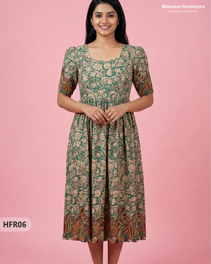 Feeding Frock with Kalamkari Design – Green Color | Invisible Zips | Half Lining Maternity Wear