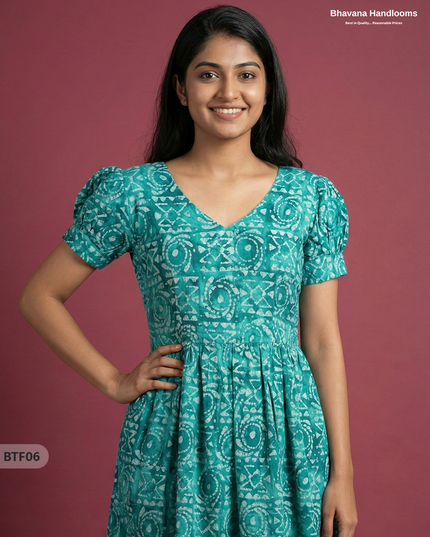 Handmade Batik Frock with Natural Dye – Potli Ball Neck Design Sea Green Colour