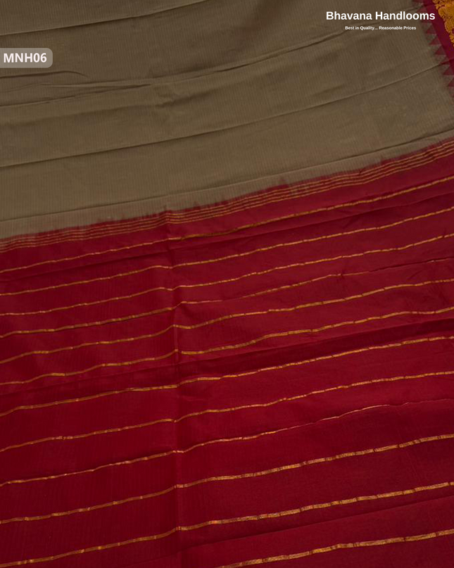 Mini Gadwal Cotton Saree in Brown with Small Zari Border | Without Blouse