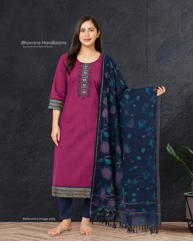 Mangalagiri Cotton Kurti Set Purple – Straight Cut Style, Elbow Length Sleeves
