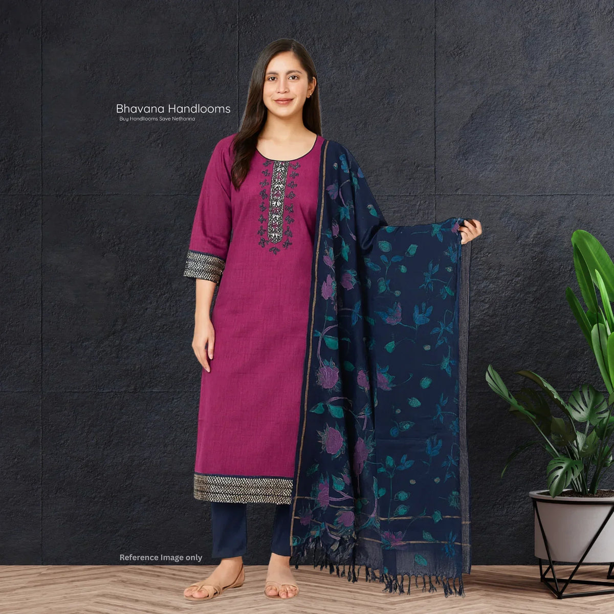 Mangalagiri Cotton Kurti Set Purple – Straight Cut Style, Elbow Length Sleeves