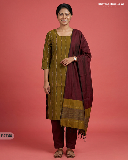 Pochampally Semi Pattu 3PC Kurti Set in Pesara Green Colour | Ready-to-Wear Ethnic Wear