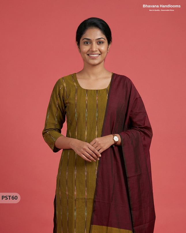 Pochampally Semi Pattu 3PC Kurti Set in Pesara Green Colour | Ready-to-Wear Ethnic Wear