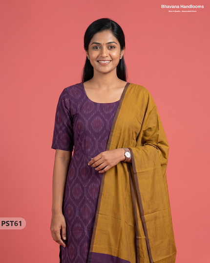 Pochampally Semi Pattu 3PC Kurti Set in Purple Colour | Ready-to-Wear Ethnic Wear