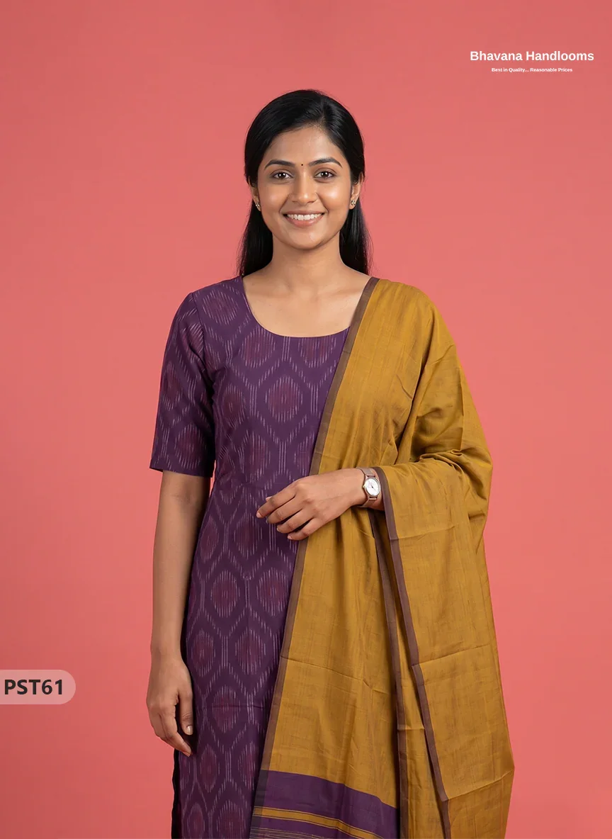 Pochampally Semi Pattu 3PC Kurti Set in Purple Colour | Ready-to-Wear Ethnic Wear