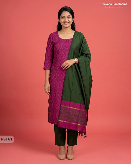 Pochampally Semi Pattu 3PC Kurti Set in Pink Colour | Ready-to-Wear Ethnic Wear