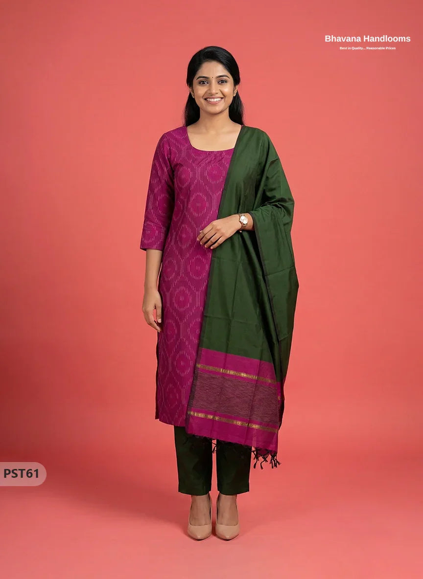 Pochampally Semi Pattu 3PC Kurti Set in Pink Colour | Ready-to-Wear Ethnic Wear