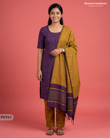 Pochampally Semi Pattu 3PC Kurti Set in Purple Colour | Ready-to-Wear Ethnic Wear