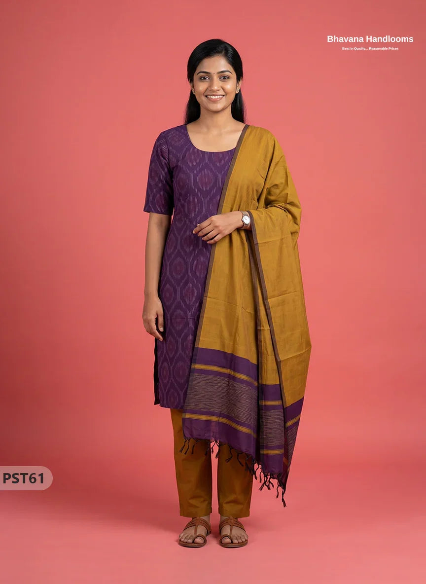 Pochampally Semi Pattu 3PC Kurti Set in Purple Colour | Ready-to-Wear Ethnic Wear