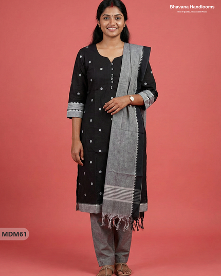 Mangalagiri Cotton 3PC Set with Full-Length Lining & Elastic Pocket Bottom – Indian Black