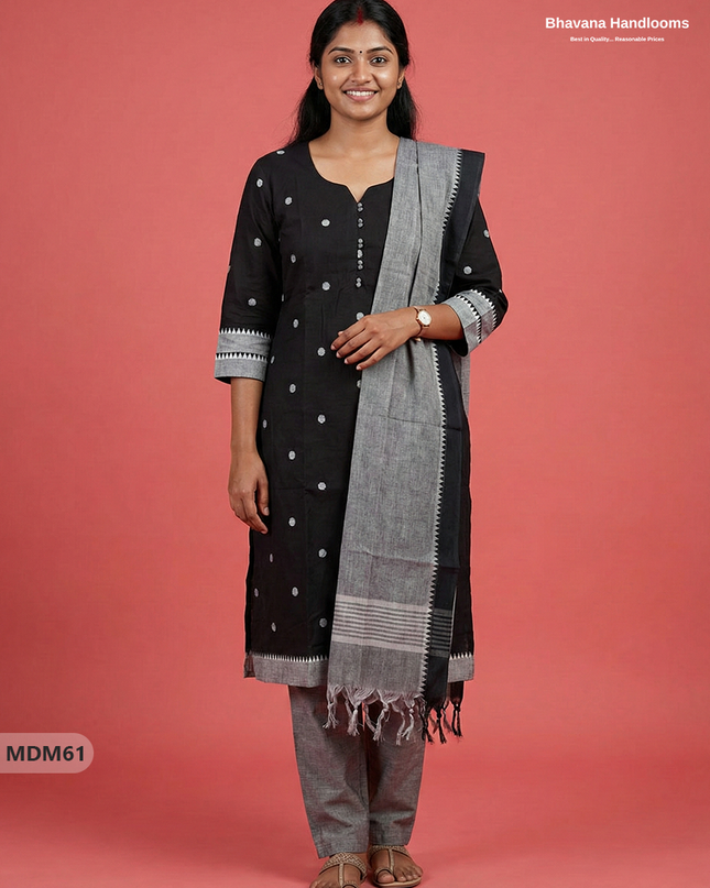 Mangalagiri Cotton 3PC Set with Full-Length Lining & Elastic Pocket Bottom – Indian Black