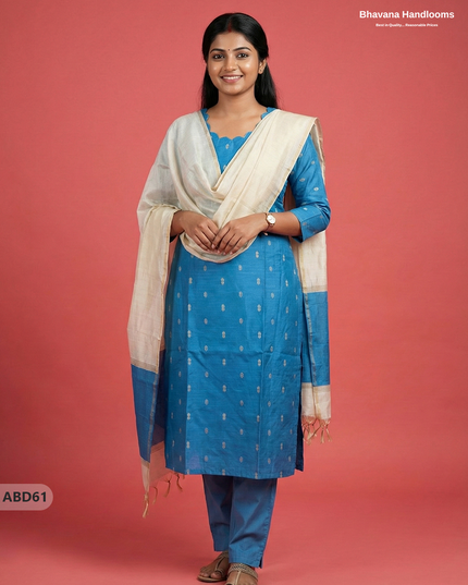 Raw Silk 3-Piece Kurti Set – Sky Blue | Full Length Lining with Elastic Bottom