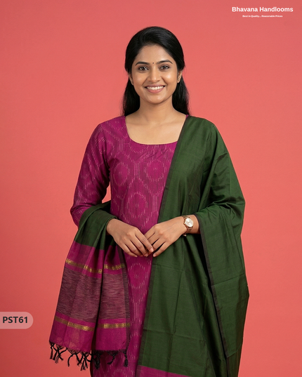 Pochampally Semi Pattu 3PC Kurti Set in Pink Colour | Ready-to-Wear Ethnic Wear