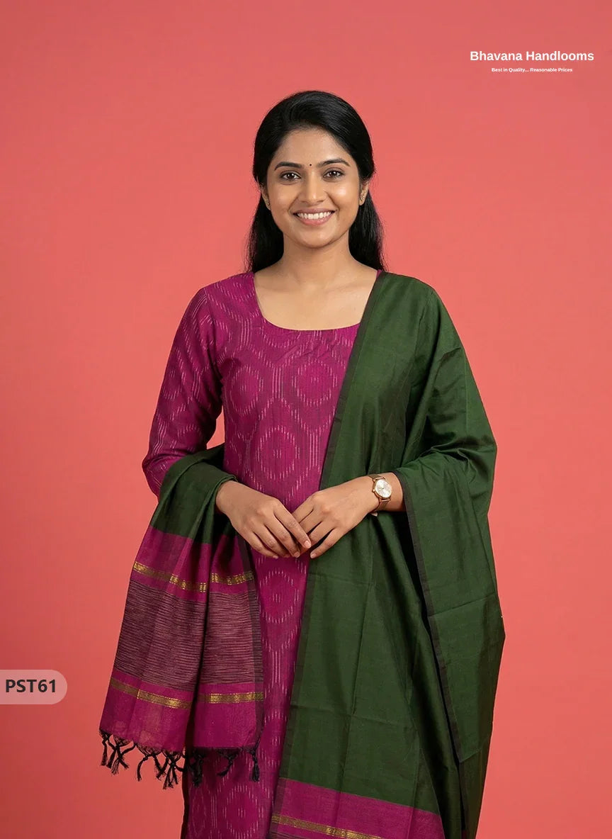 Pochampally Semi Pattu 3PC Kurti Set in Pink Colour | Ready-to-Wear Ethnic Wear