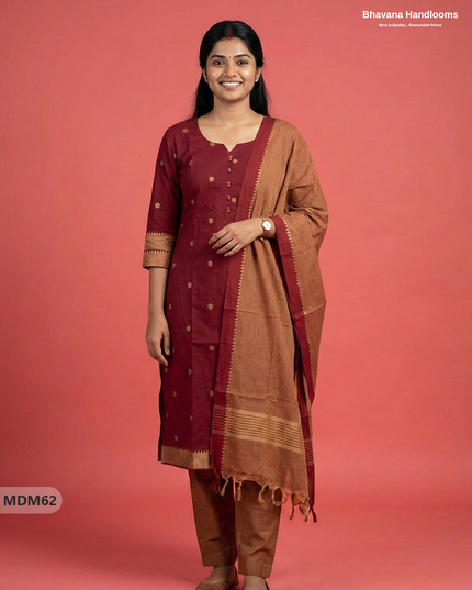Mangalagiri Cotton 3PC Set with Full-Length Lining & Elastic Pocket Bottom – Indian Maroon