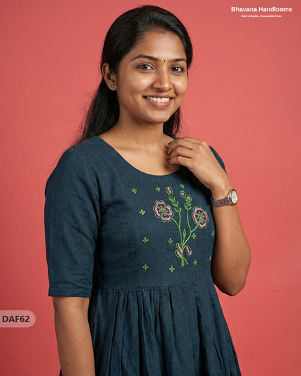 Cotton Plain Long Frock with Navy Blue Colour