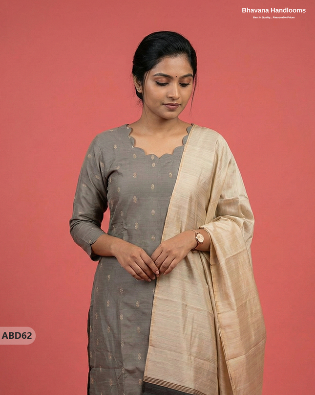 Raw Silk 3-Piece Kurti Set – Gray | Full Length Lining with Elastic Bottom