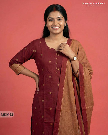 Mangalagiri Cotton 3PC Set with Full-Length Lining & Elastic Pocket Bottom – Indian Maroon