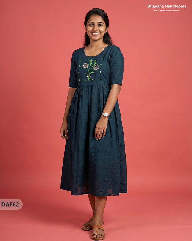 Cotton Plain Long Frock with Navy Blue Colour