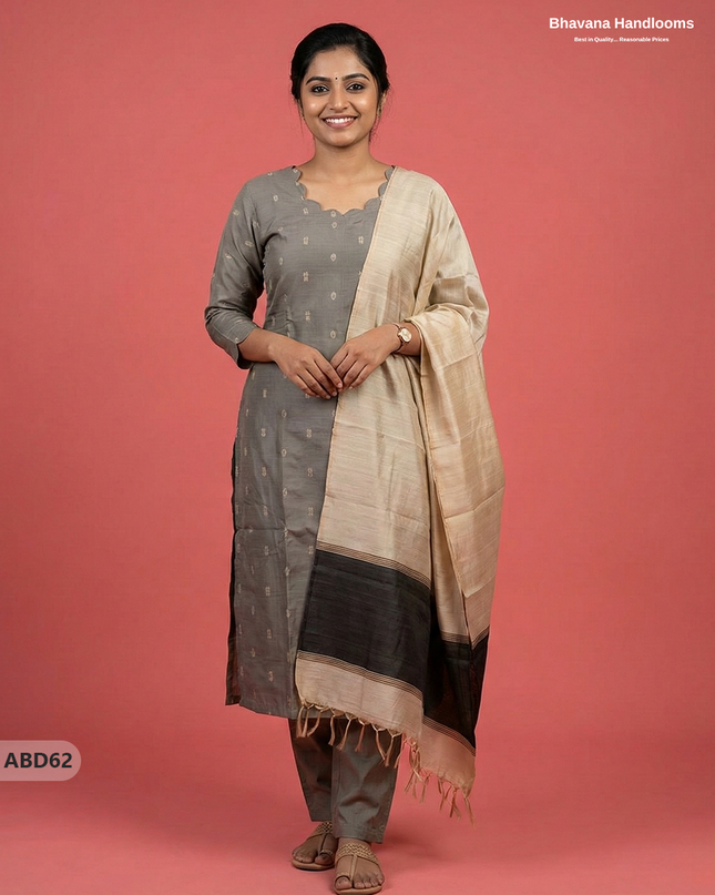 Raw Silk 3-Piece Kurti Set – Gray | Full Length Lining with Elastic Bottom