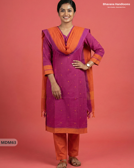 Mangalagiri Cotton 3PC Set with Full-Length Lining & Elastic Pocket Bottom – Indian Pink