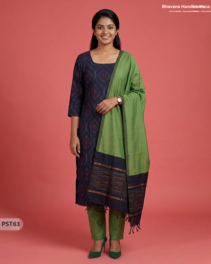 Pochampally Semi Pattu 3PC Kurti Set in Navy Blue Colour | Ready-to-Wear Ethnic Wear