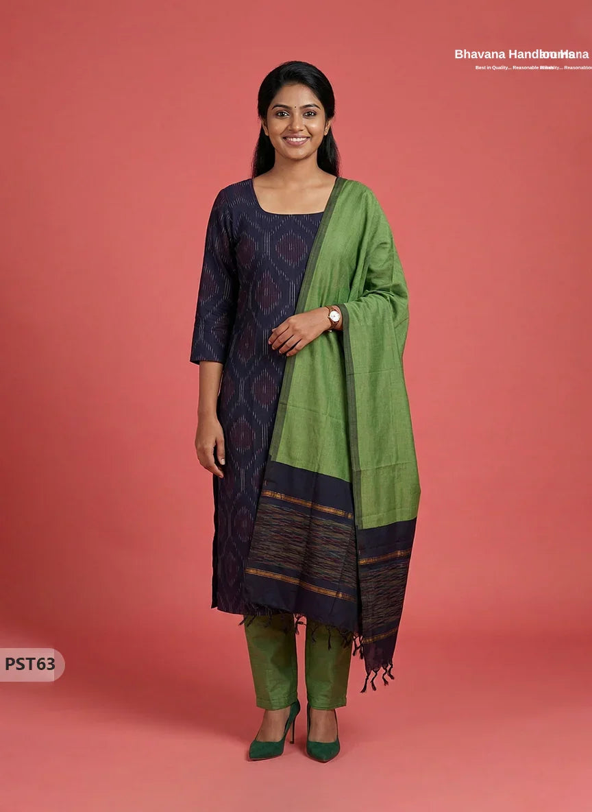 Pochampally Semi Pattu 3PC Kurti Set in Navy Blue Colour | Ready-to-Wear Ethnic Wear
