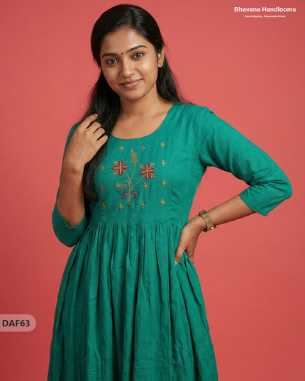 Cotton Plain Long Frock with Green Colour
