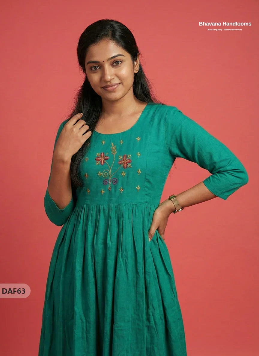 Cotton Plain Long Frock with Green Colour