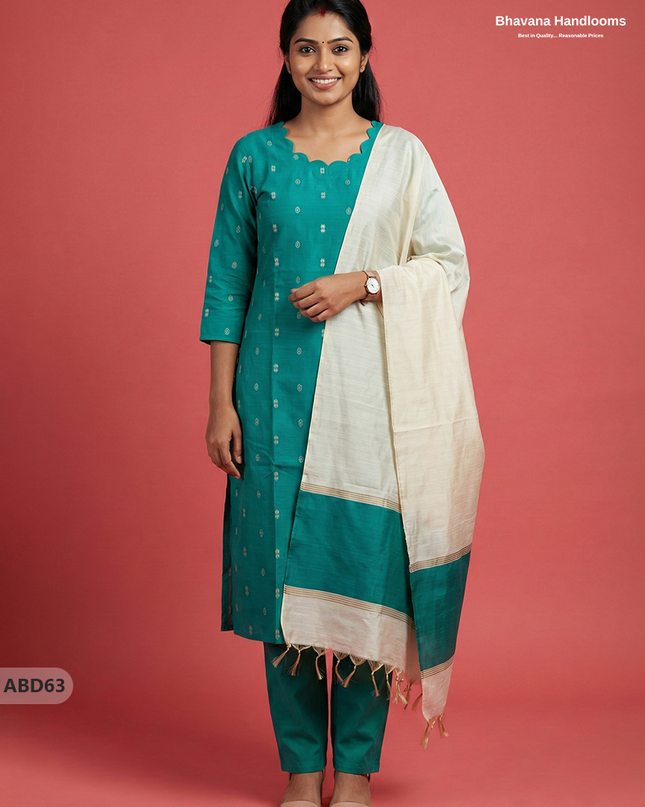 Raw Silk 3-Piece Kurti Set – Sea Green | Full Length Lining with Elastic Bottom