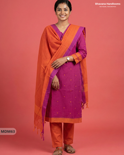 Mangalagiri Cotton 3PC Set with Full-Length Lining & Elastic Pocket Bottom – Indian Pink