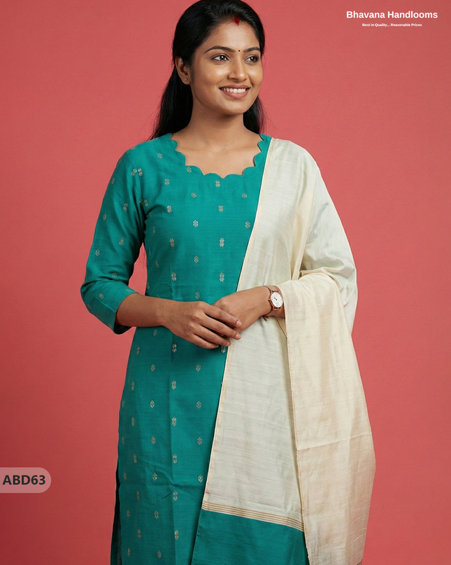 Raw Silk 3-Piece Kurti Set – Sea Green | Full Length Lining with Elastic Bottom