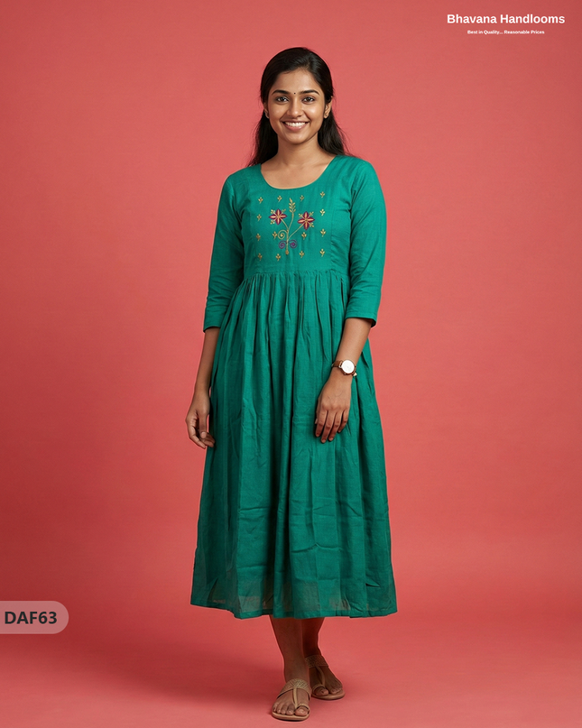 Cotton Plain Long Frock with Green Colour