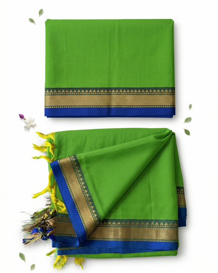 Traditional wear Narayanpet Mercerised cotton dress material with Parrot Green colour