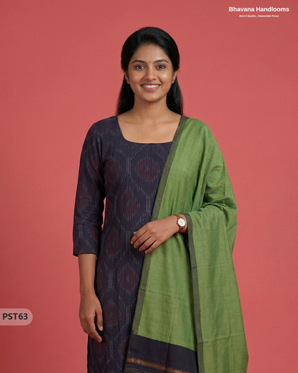 Pochampally Semi Pattu 3PC Kurti Set in Navy Blue Colour | Ready-to-Wear Ethnic Wear