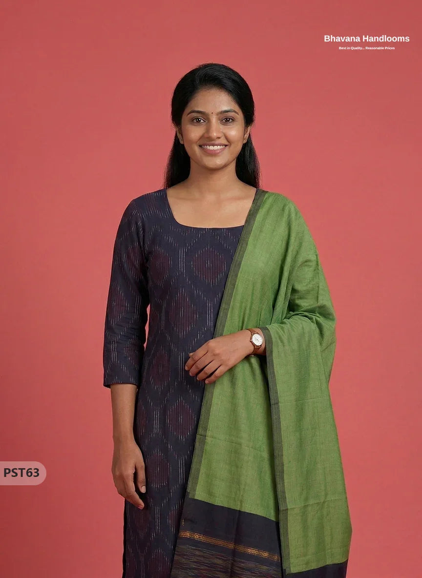 Pochampally Semi Pattu 3PC Kurti Set in Navy Blue Colour | Ready-to-Wear Ethnic Wear