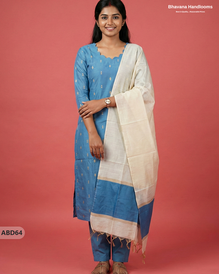 Raw Silk 3-Piece Kurti Set – Sky Blue | Full Length Lining with Elastic Bottom