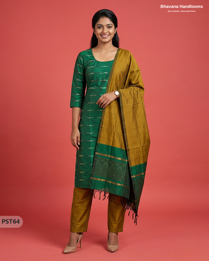 Pochampally Semi Pattu 3PC Kurti Set in Green Colour | Ready-to-Wear Ethnic Wear
