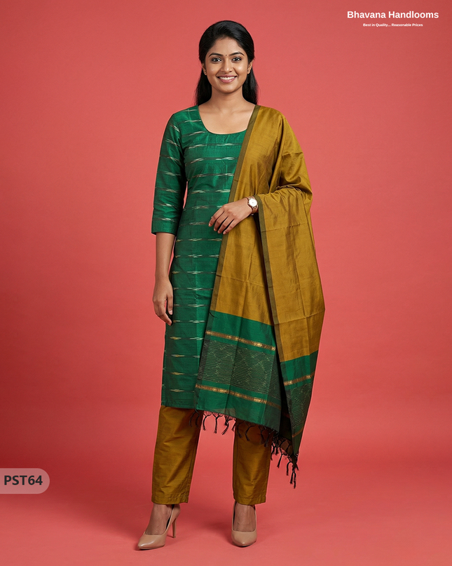 Pochampally Semi Pattu 3PC Kurti Set in Green Colour | Ready-to-Wear Ethnic Wear