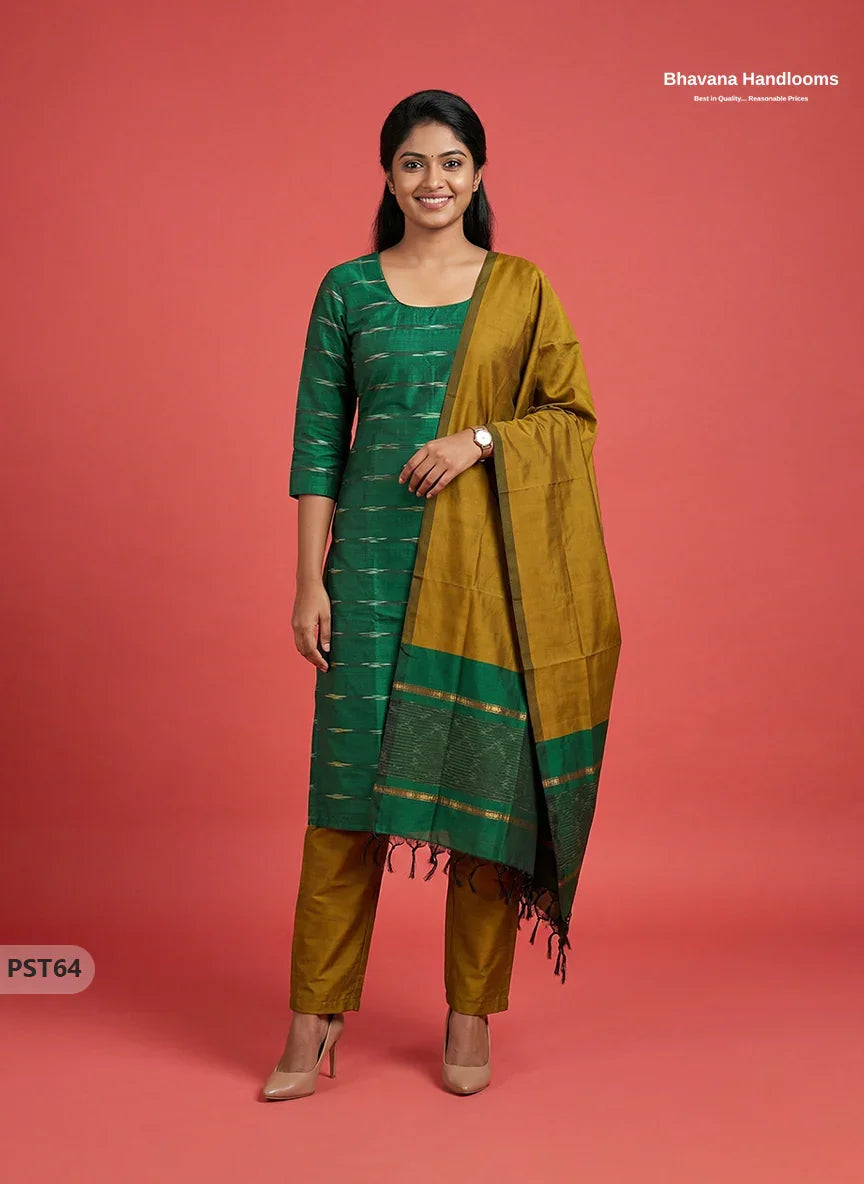Pochampally Semi Pattu 3PC Kurti Set in Green Colour | Ready-to-Wear Ethnic Wear